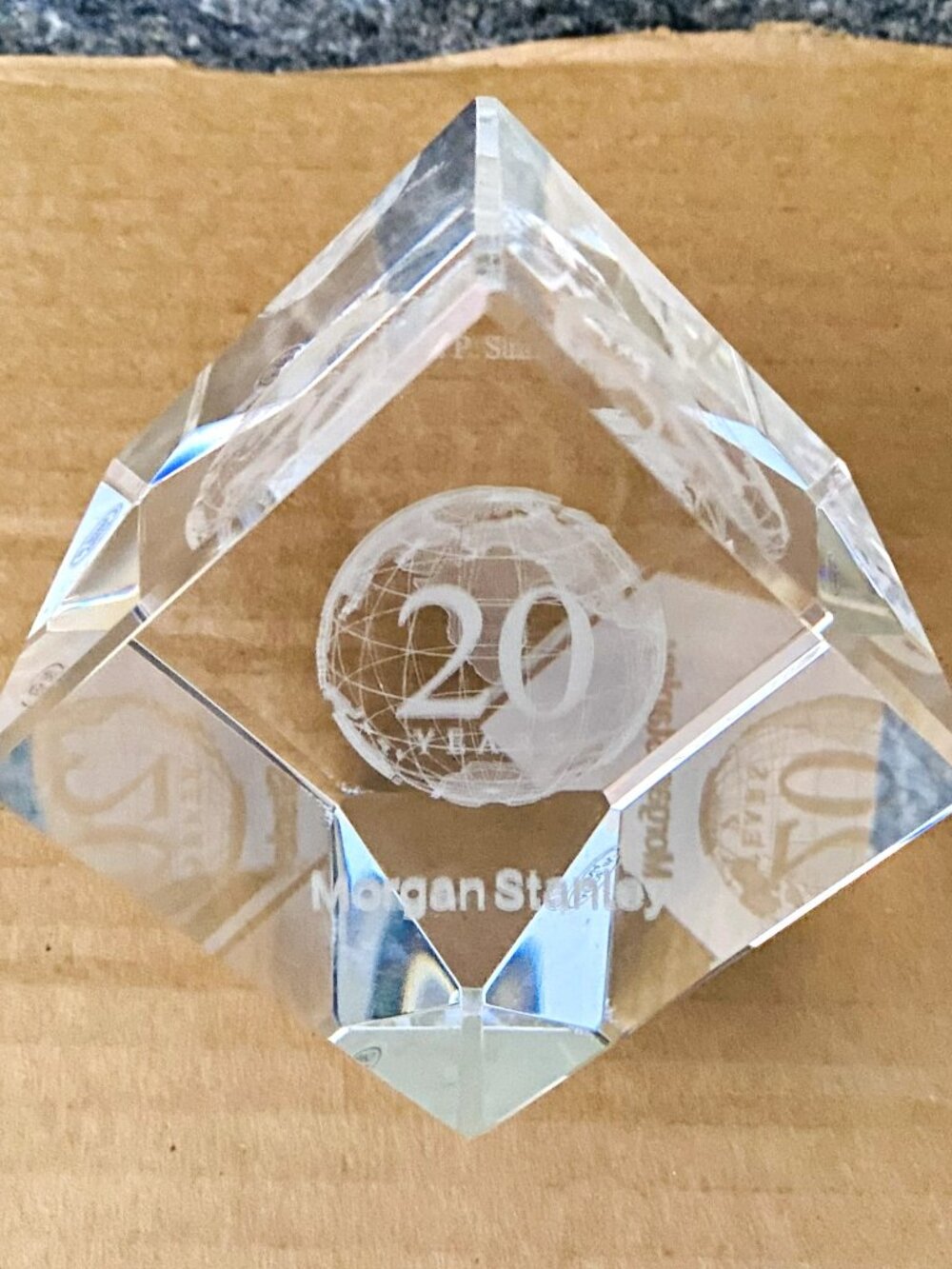 Vtg 20th Anniversary Morgan Stanley Clear Fine Crystal Optic Paper Weight